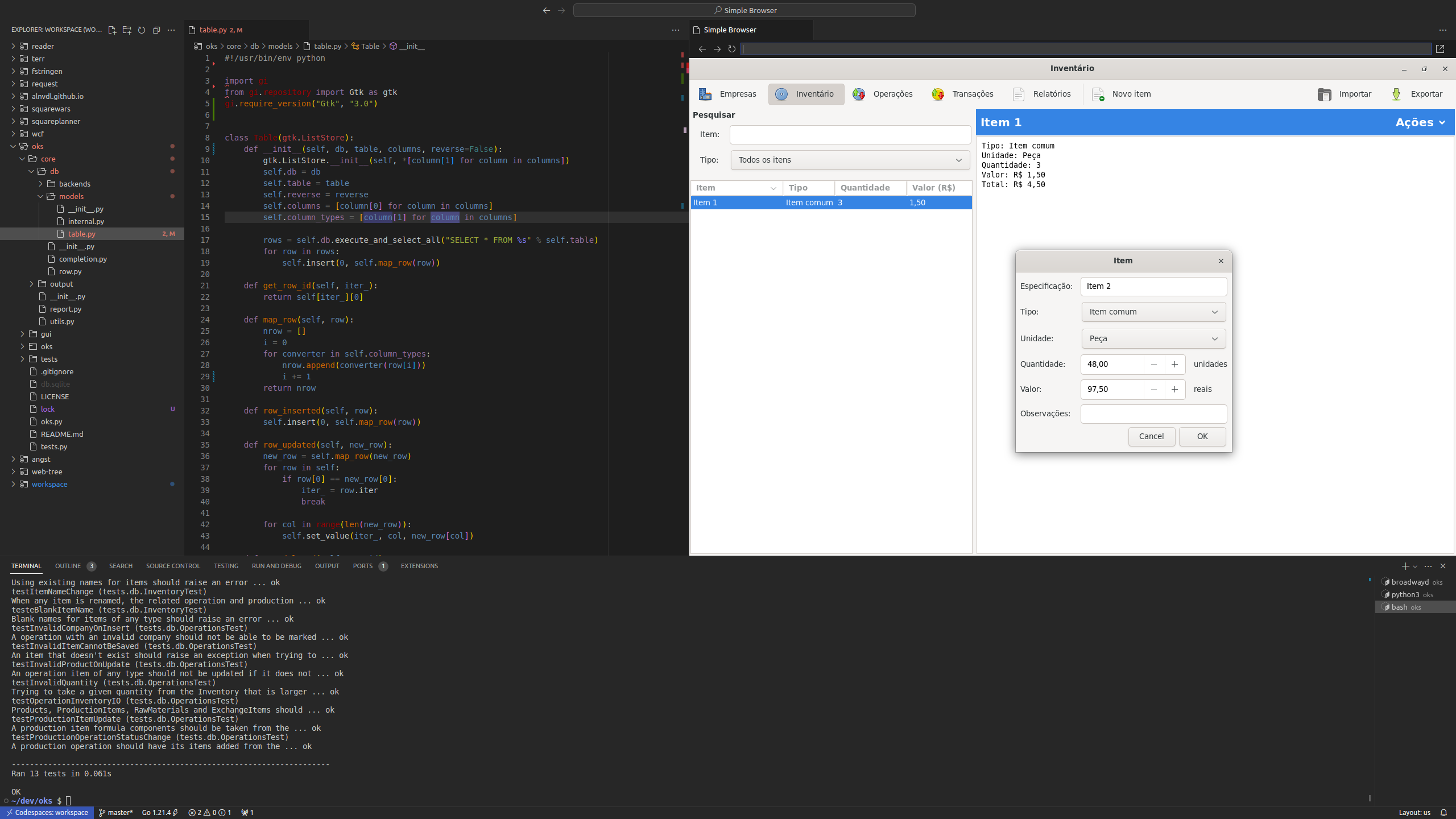 VS Code running in a full-screen browser window, connected to a GitHub codespace, editing Python code for a graphical ERP application called [Oks](https://github.com/alnvdl/oks), with a terminal open and an embedded browser displaying the GTK interface of the application.